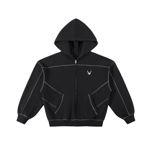 Contrast-Stitched Boxy Fleece Zip Hoodie
